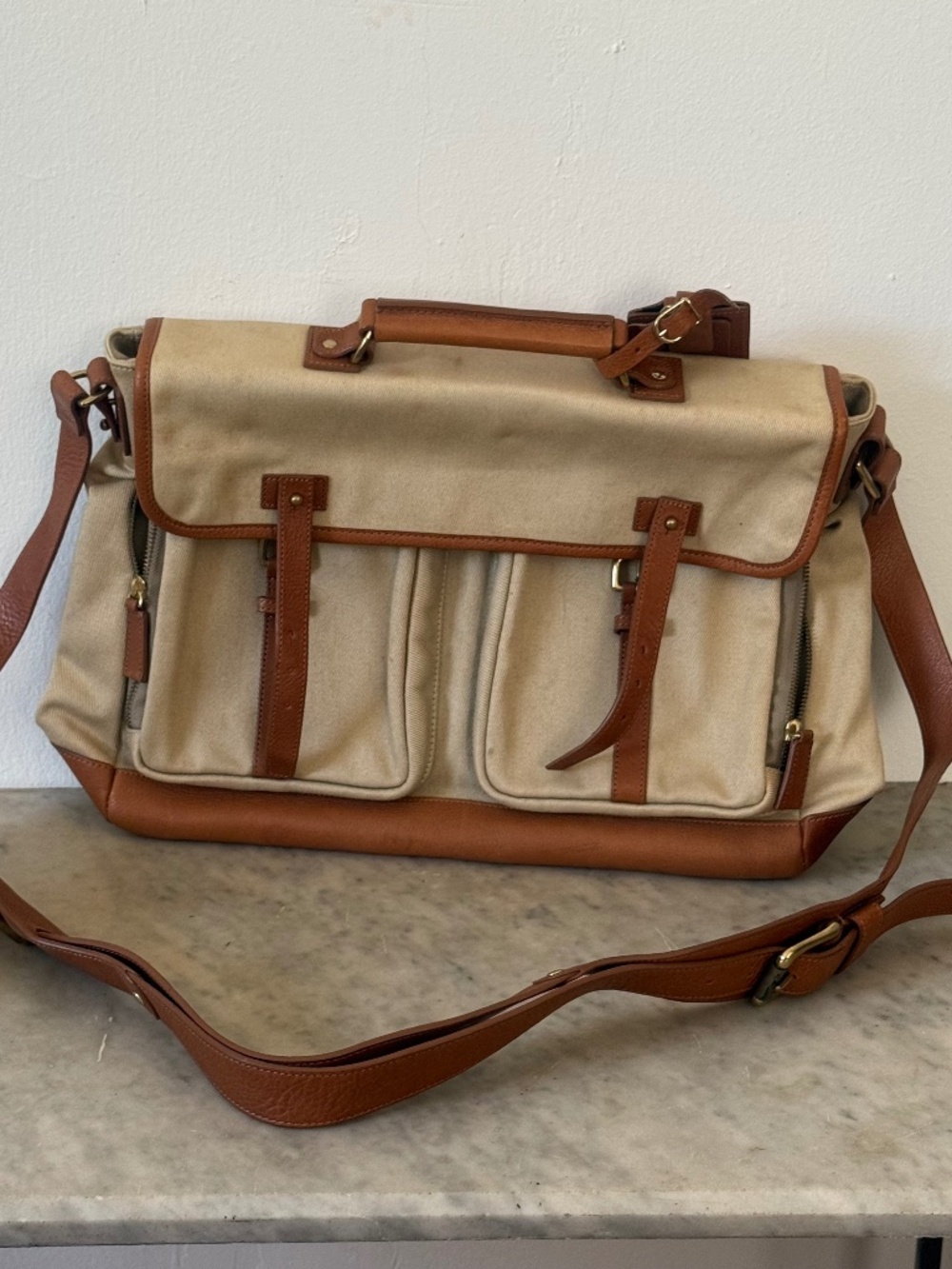 Dunhill Canvas & Leather Messenger Bag Khaki Tan Briefcase Travel Satchel